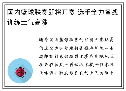 国内篮球联赛即将开赛 选手全力备战训练士气高涨